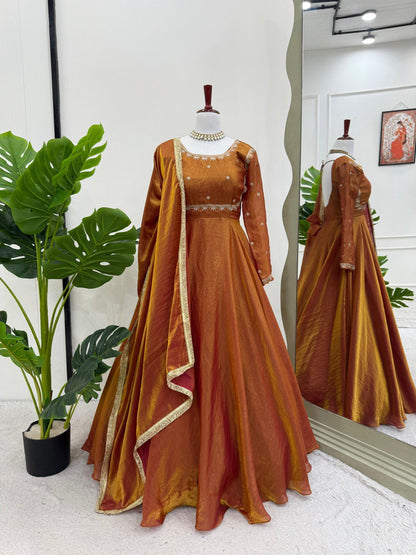 Wedding Wear Golden Color Fendi Silk Thread And Sequence Designer Gown