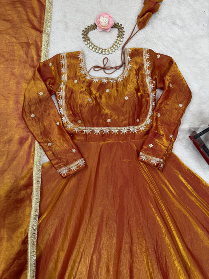 Wedding Wear Golden Color Fendi Silk Thread And Sequence Designer Gown