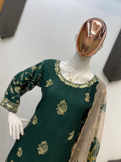 Wedding Wear Green Color Chinon And Sequence Embroidery Work Sharara Suit