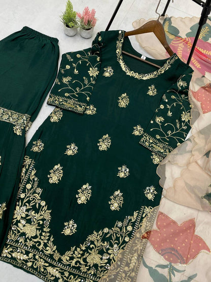 Wedding Wear Green Color Chinon And Sequence Embroidery Work Sharara Suit