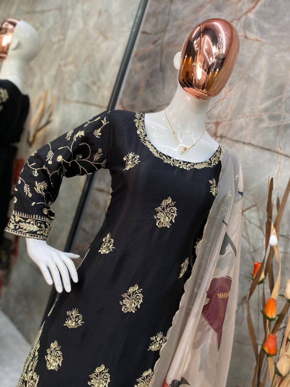 Wedding Wear Black Color Chinon And Sequence Embroidery Work Sharara Suit