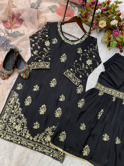 Wedding Wear Black Color Chinon And Sequence Embroidery Work Sharara Suit