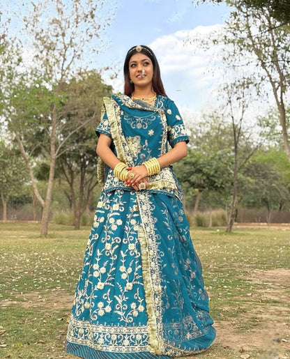 Party Wear Teal Blue Faux Georgette With Heavy Embroidery Coding Sequence Work Lehenga Choli