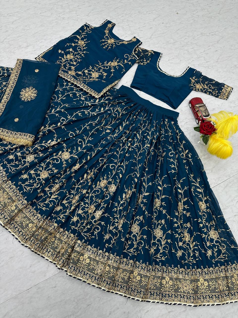 Party Wear Teal Blue Faux Georgette With Heavy Embroidery Coding Sequence Work Lehenga Choli