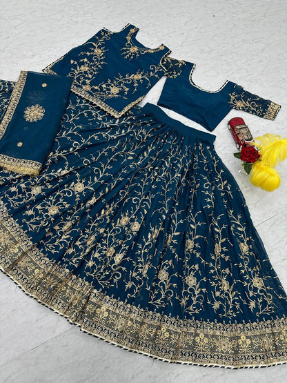 Party Wear Teal Blue Faux Georgette With Heavy Embroidery Coding Sequence Work Lehenga Choli