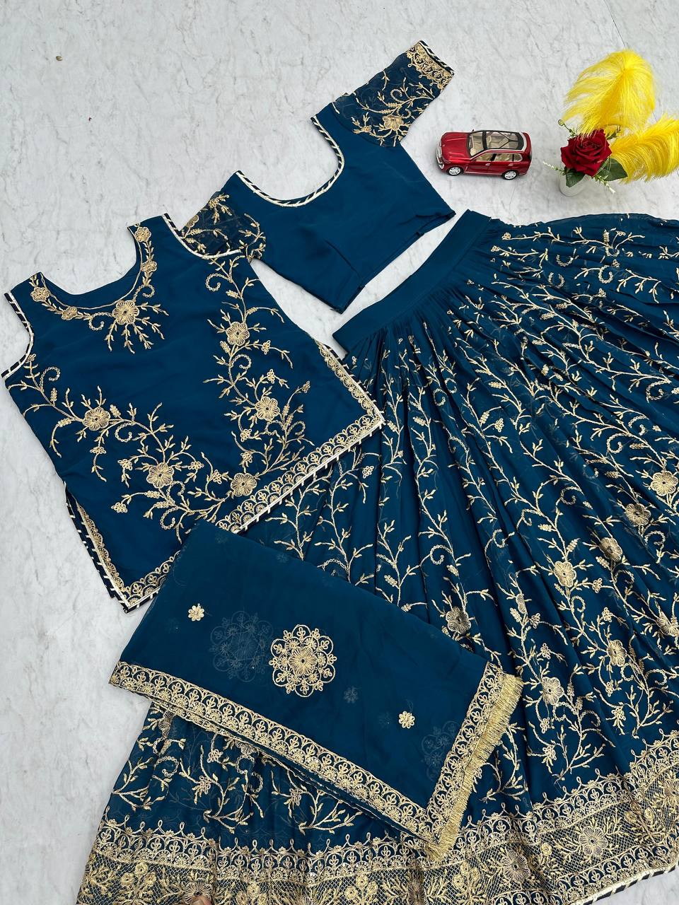 Party Wear Teal Blue Faux Georgette With Heavy Embroidery Coding Sequence Work Lehenga Choli