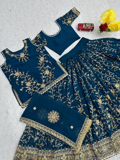 Party Wear Teal Blue Faux Georgette With Heavy Embroidery Coding Sequence Work Lehenga Choli