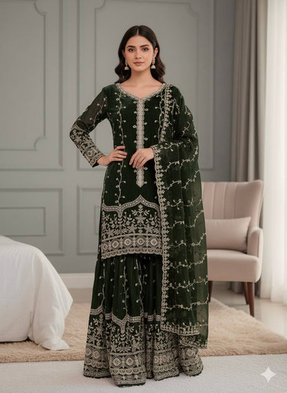 Elegant Fendy Silk Embroidered Fully Stitched Sharara Suit Set