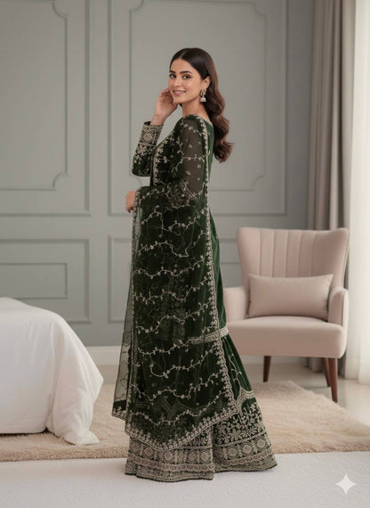 Elegant Fendy Silk Embroidered Fully Stitched Sharara Suit Set