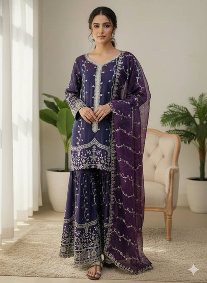 Elegant Fendy Silk Embroidered Fully Stitched Sharara Suit Set
