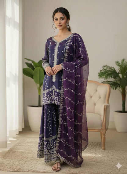 Elegant Fendy Silk Embroidered Fully Stitched Sharara Suit Set