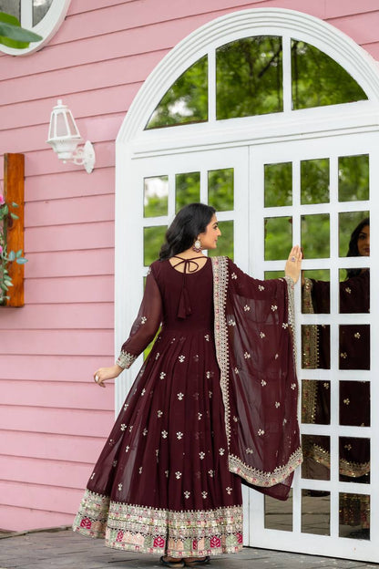 Party Wear Brown Color Faux Georgette With Full Heavy Embroidery Sequence Work Gown