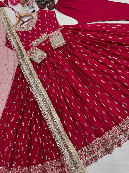 Trendy Maroon Color Heavy Pure Chinon Silk With Embroidery Sequence Work Gown