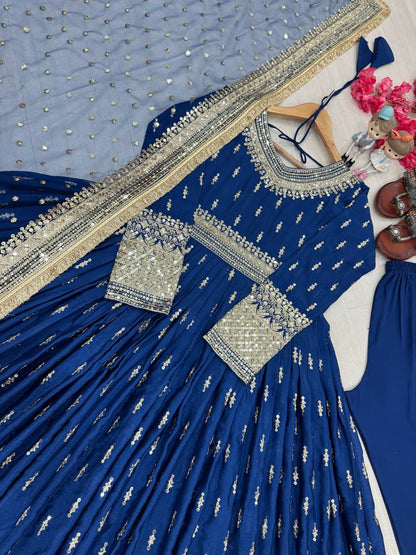 Alluring Blue Color Heavy Pure Chinon Silk With Embroidery Sequence Work Gown