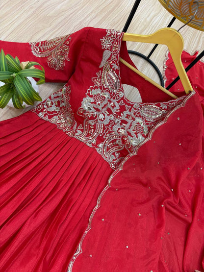 Function Wear Red Color Fully Embroidery Work On Neck Designer Gown