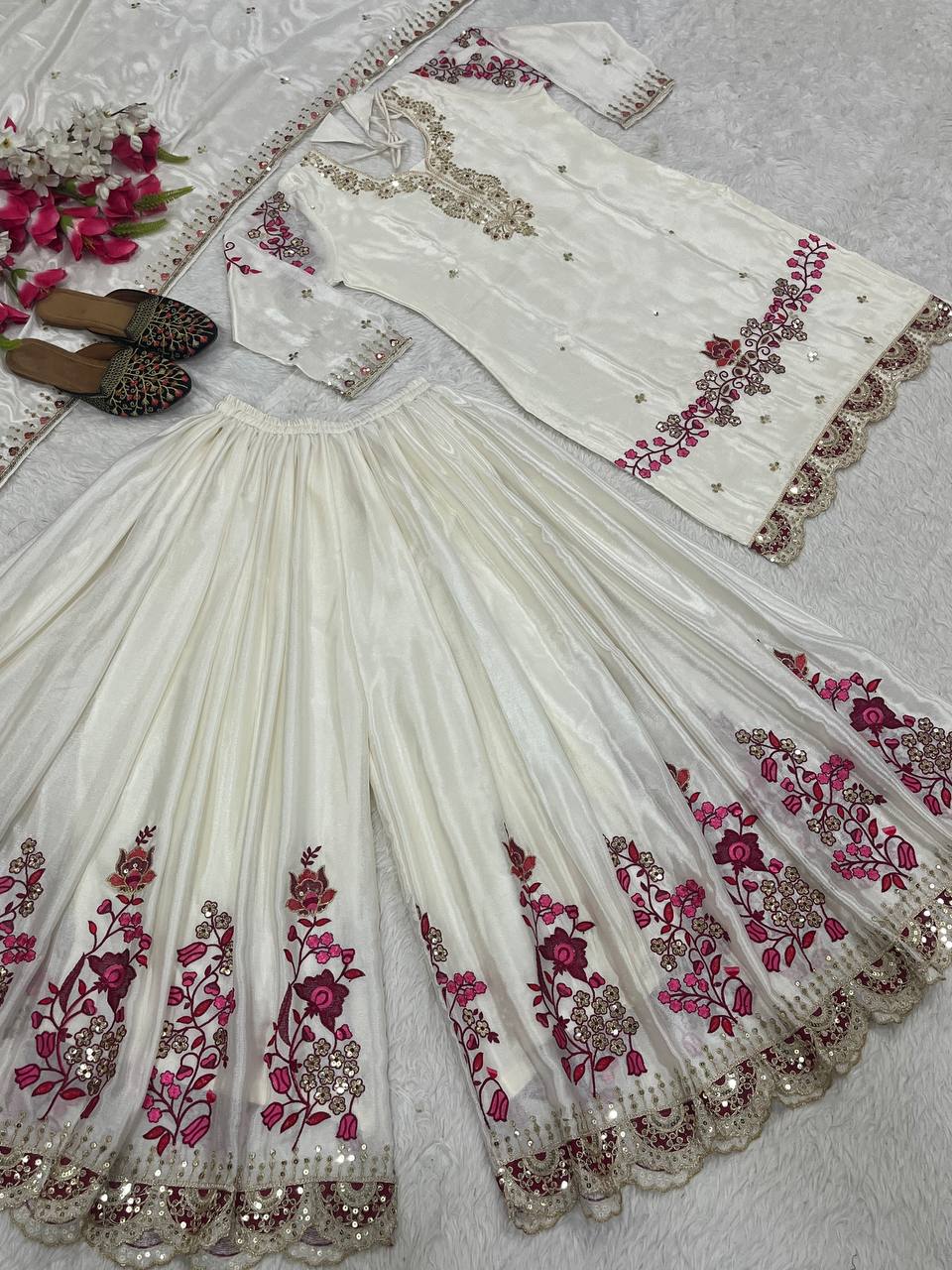 Mesmerizing Off White Color Chinon Silk Heavy Embroidery Work Palazzo Suit