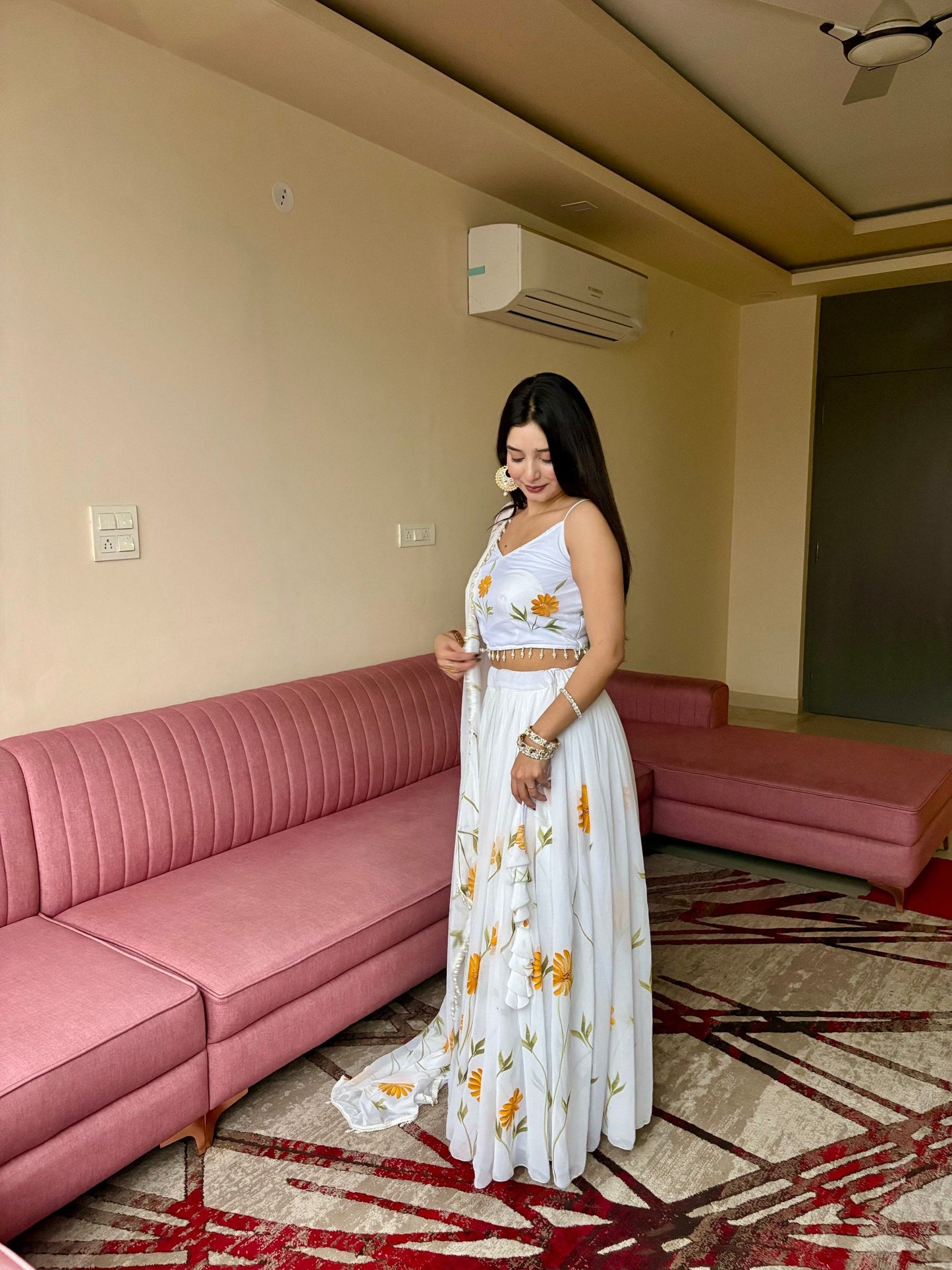 Function Wear Yellow Color Pure Organza Floral Printed Lehenga Choli