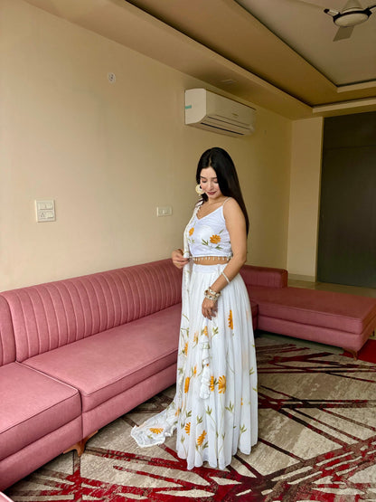 Function Wear Yellow Color Pure Organza Floral Printed Lehenga Choli
