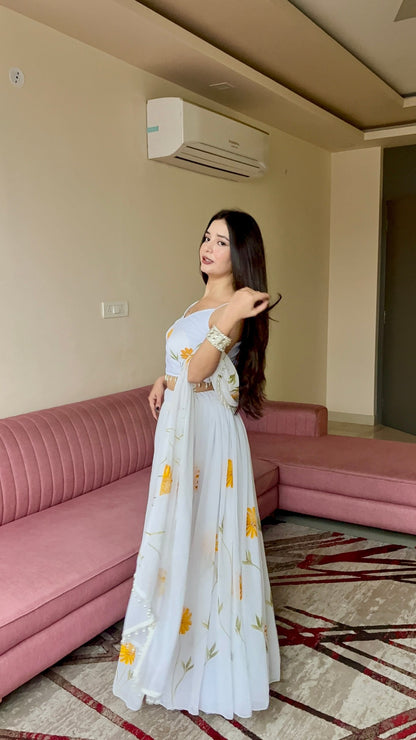 Function Wear Yellow Color Pure Organza Floral Printed Lehenga Choli