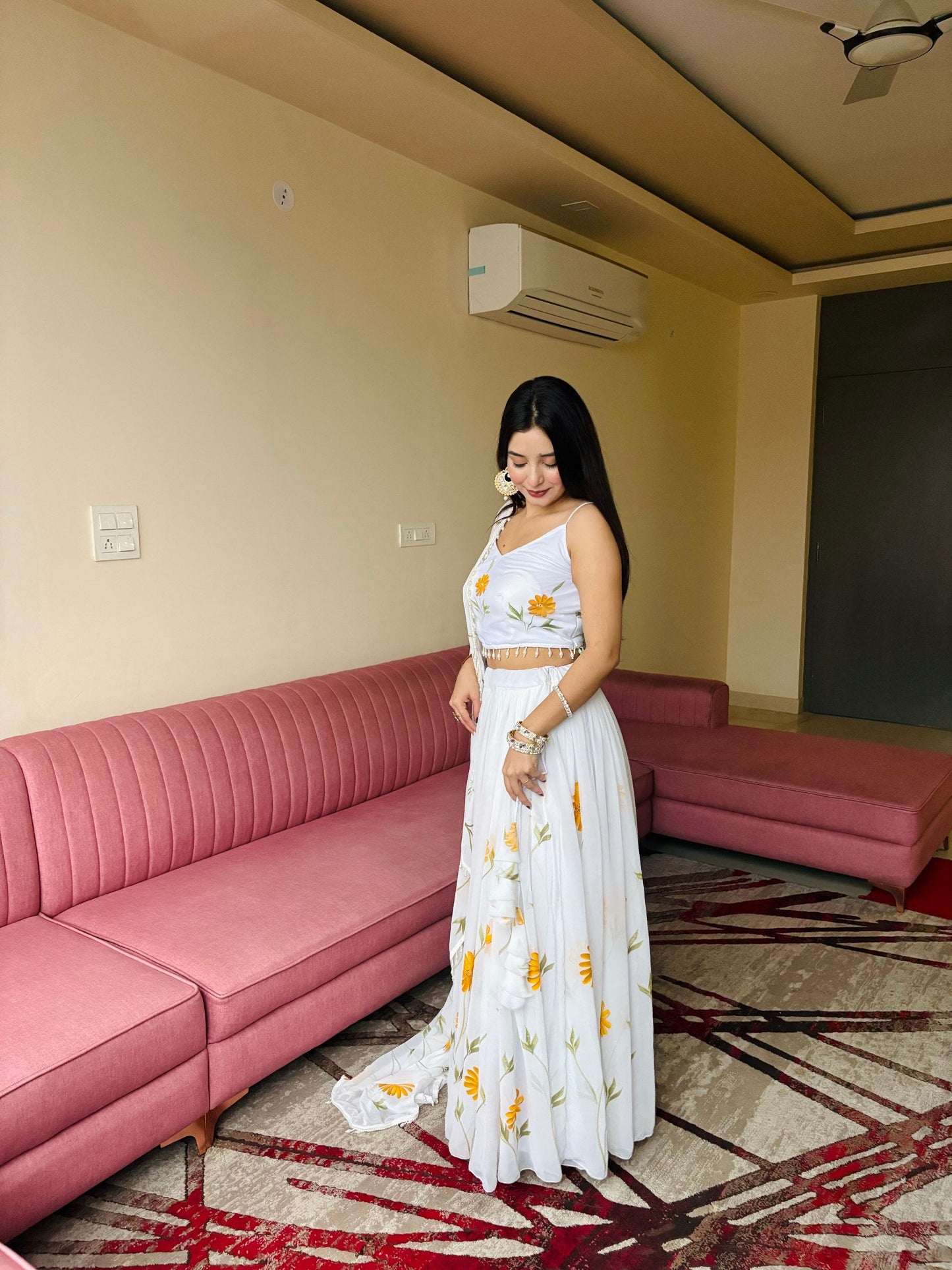 Function Wear Yellow Color Pure Organza Floral Printed Lehenga Choli