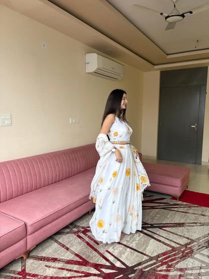 Function Wear Yellow Color Pure Organza Floral Printed Lehenga Choli