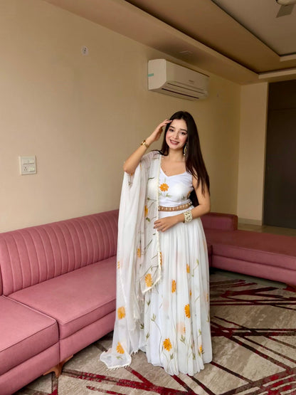 Function Wear Yellow Color Pure Organza Floral Printed Lehenga Choli