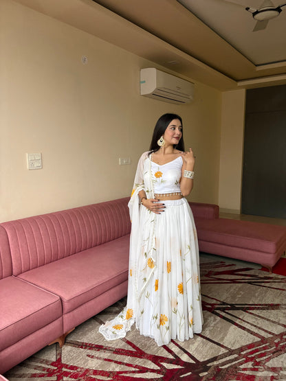 Function Wear Yellow Color Pure Organza Floral Printed Lehenga Choli