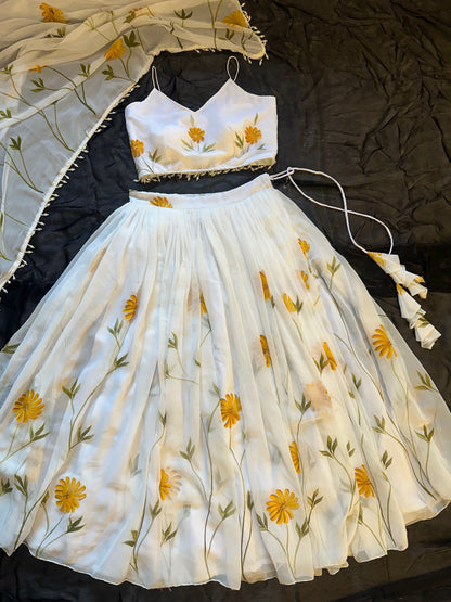Function Wear Yellow Color Pure Organza Floral Printed Lehenga Choli