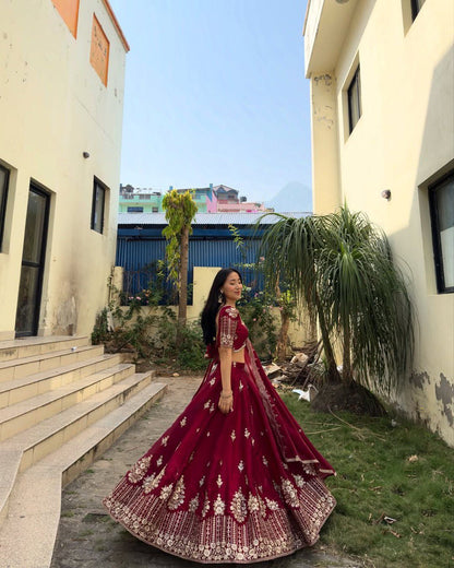 Ceremony Wear Maroon Color Jimmy Choo And Thread With Sequence Work Lehenga Choli