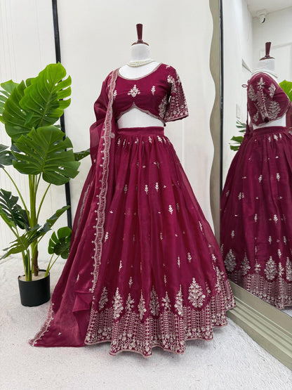Ceremony Wear Maroon Color Jimmy Choo And Thread With Sequence Work Lehenga Choli