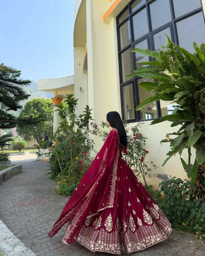 Ceremony Wear Maroon Color Jimmy Choo And Thread With Sequence Work Lehenga Choli