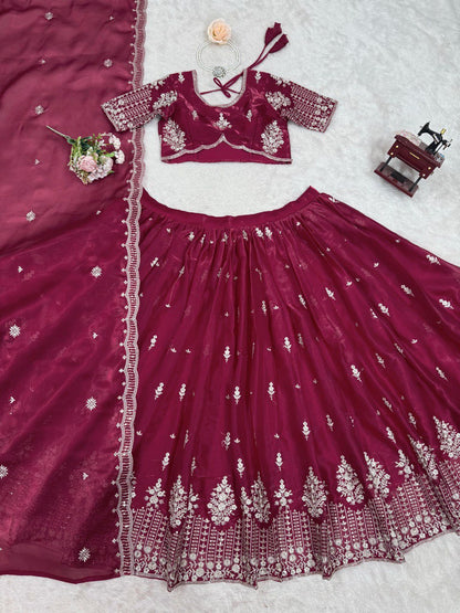 Ceremony Wear Maroon Color Jimmy Choo And Thread With Sequence Work Lehenga Choli