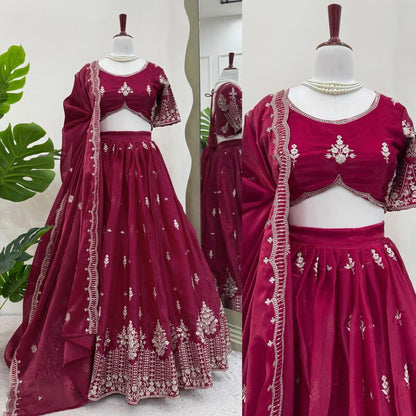 Ceremony Wear Maroon Color Jimmy Choo And Thread With Sequence Work Lehenga Choli