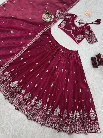 Ceremony Wear Maroon Color Jimmy Choo And Thread With Sequence Work Lehenga Choli