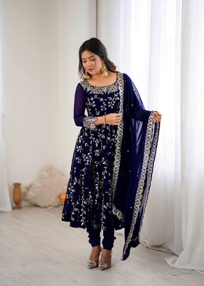 Arti Chahan Wear Navy Color Embroidery Work Anarkali Suit