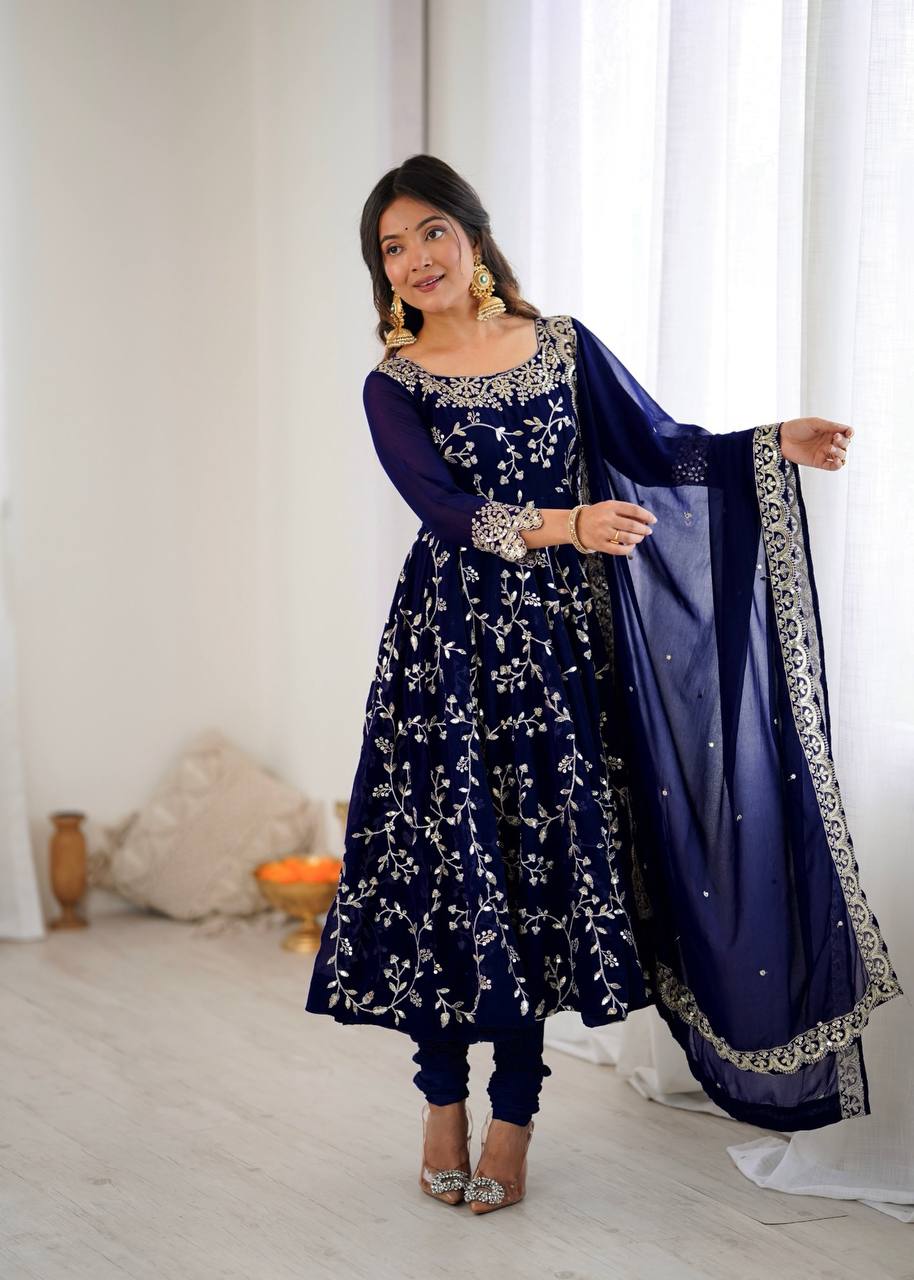 Arti Chahan Wear Navy Color Embroidery Work Anarkali Suit