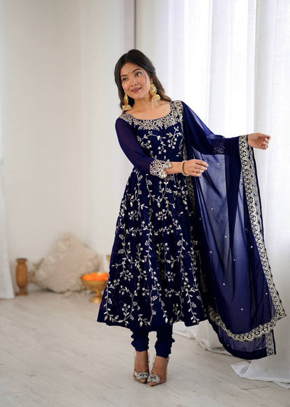 Arti Chahan Wear Navy Color Embroidery Work Anarkali Suit