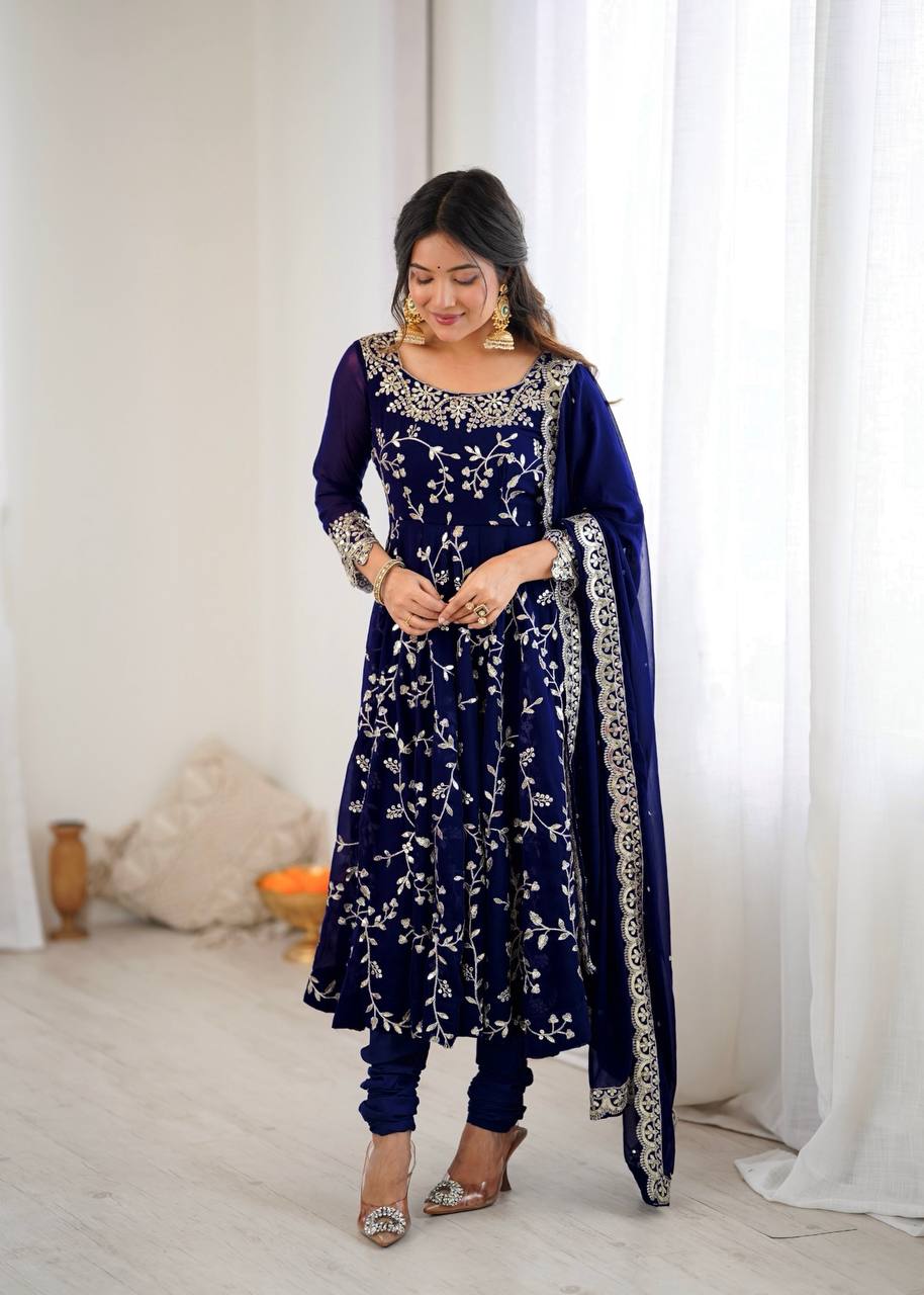 Arti Chahan Wear Navy Color Embroidery Work Anarkali Suit