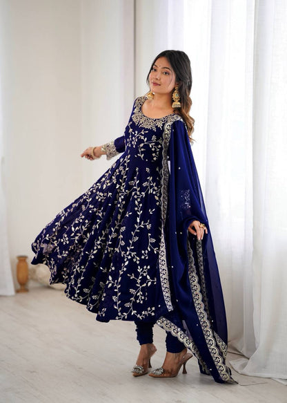 Arti Chahan Wear Navy Color Embroidery Work Anarkali Suit