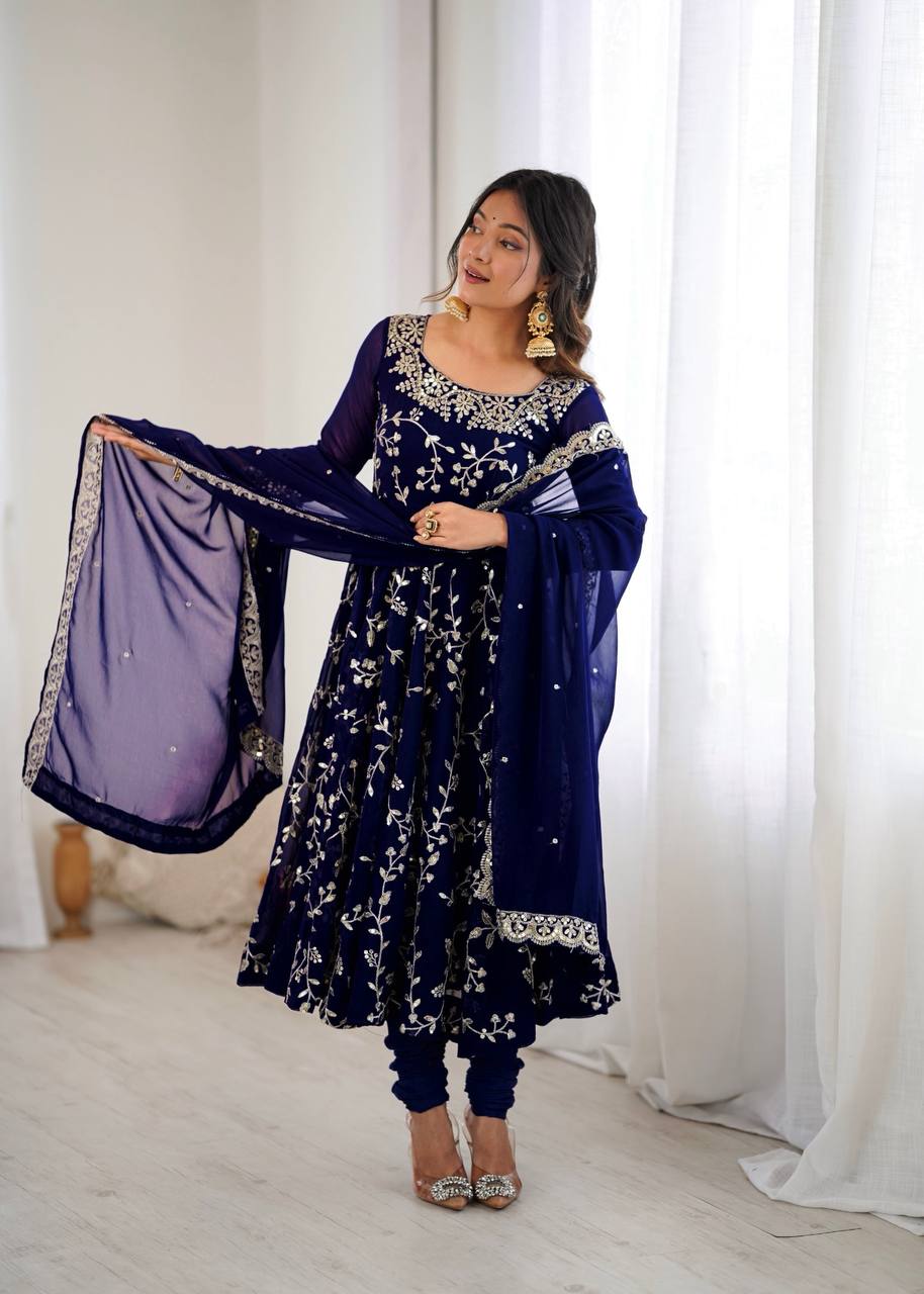 Arti Chahan Wear Navy Color Embroidery Work Anarkali Suit