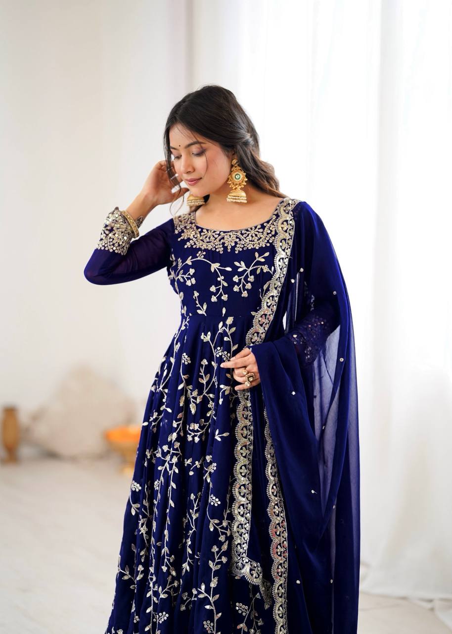 Arti Chahan Wear Navy Color Embroidery Work Anarkali Suit