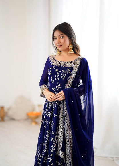 Arti Chahan Wear Navy Color Embroidery Work Anarkali Suit