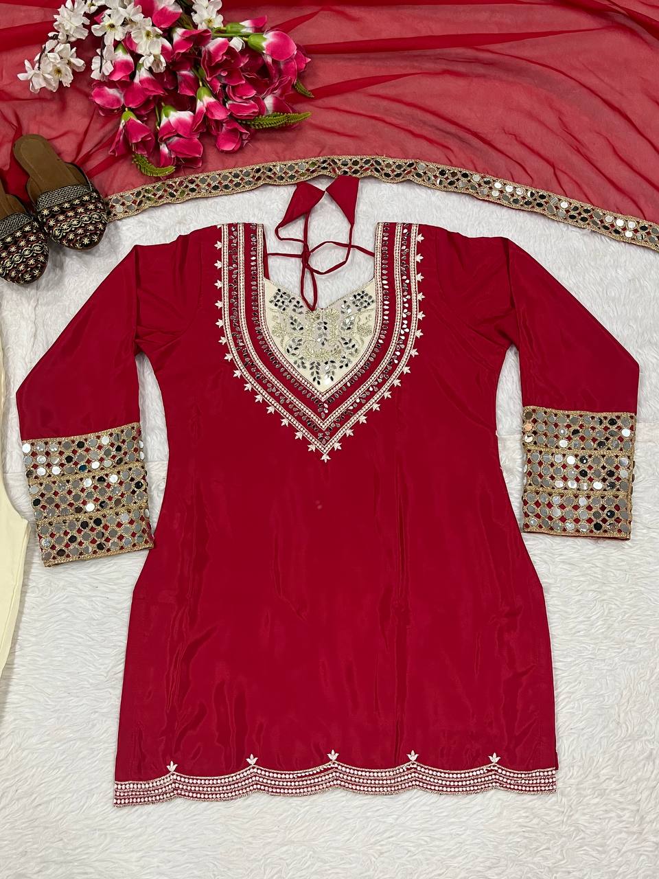 Ceremony Wear Maroon Color Heavy Natural Crepe 3-Piece Palazzo Set