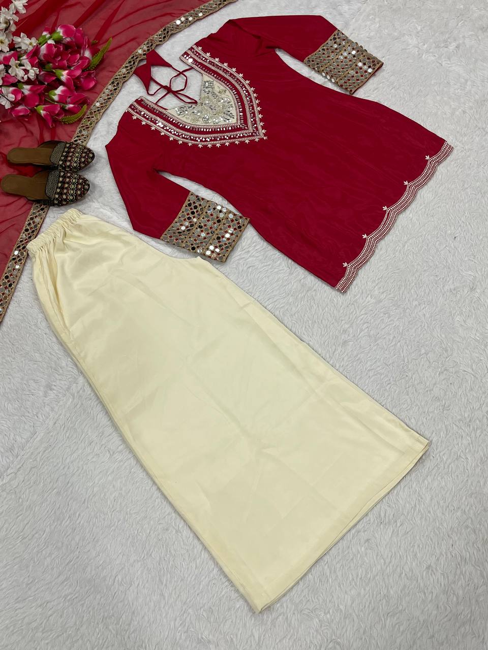 Ceremony Wear Maroon Color Heavy Natural Crepe 3-Piece Palazzo Set