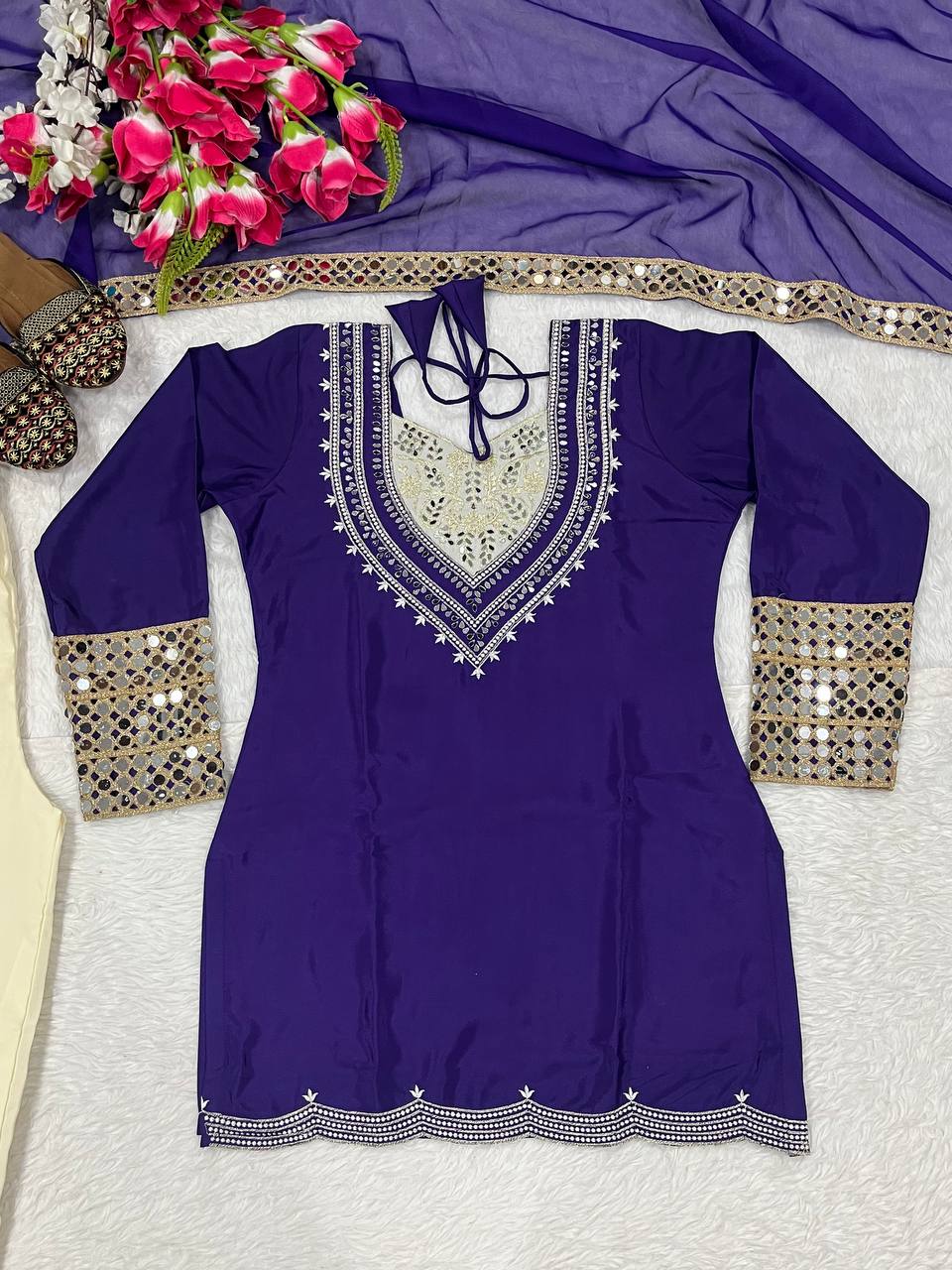 Ceremony Wear Blue Color Heavy Natural Crepe 3-Piece Palazzo Set
