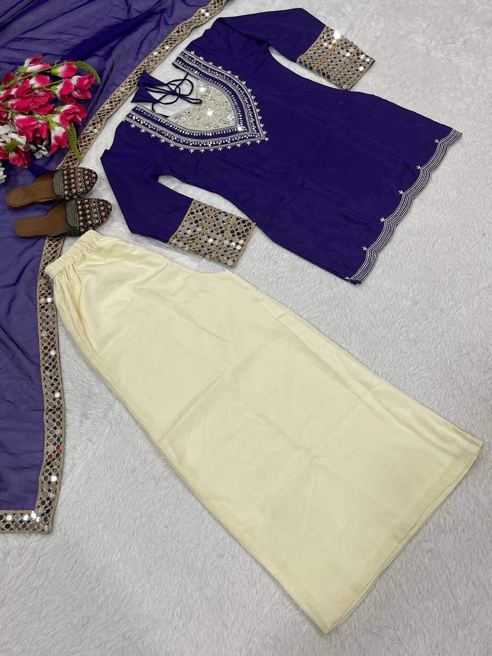 Ceremony Wear Blue Color Heavy Natural Crepe 3-Piece Palazzo Set