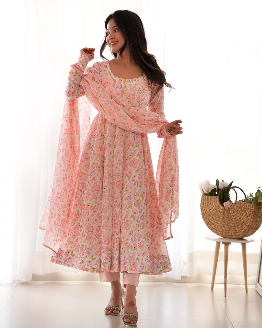 Designer Peach Color Floral Printed Arti Chauhan Anarkali Suit