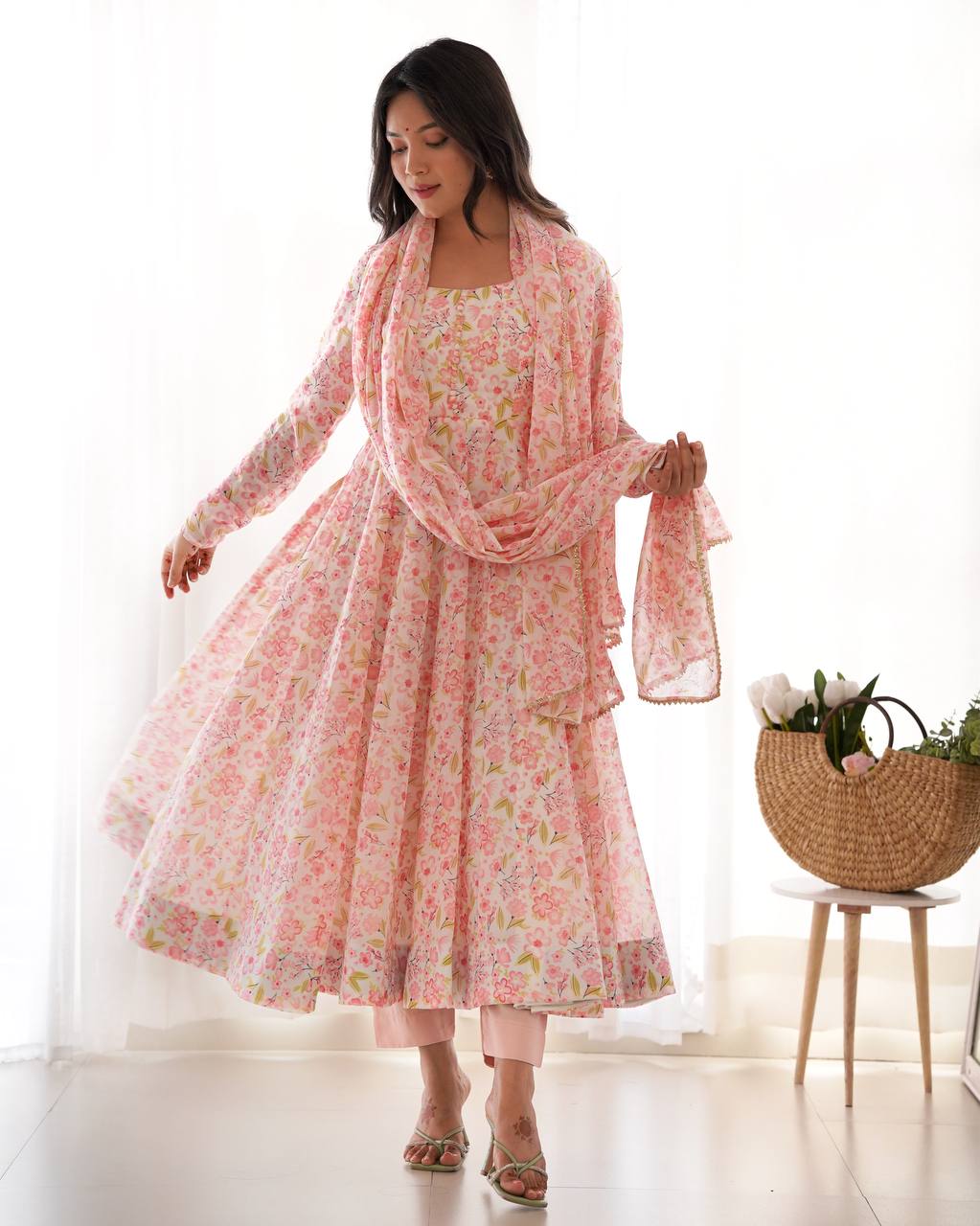 Designer Peach Color Floral Printed Arti Chauhan Anarkali Suit
