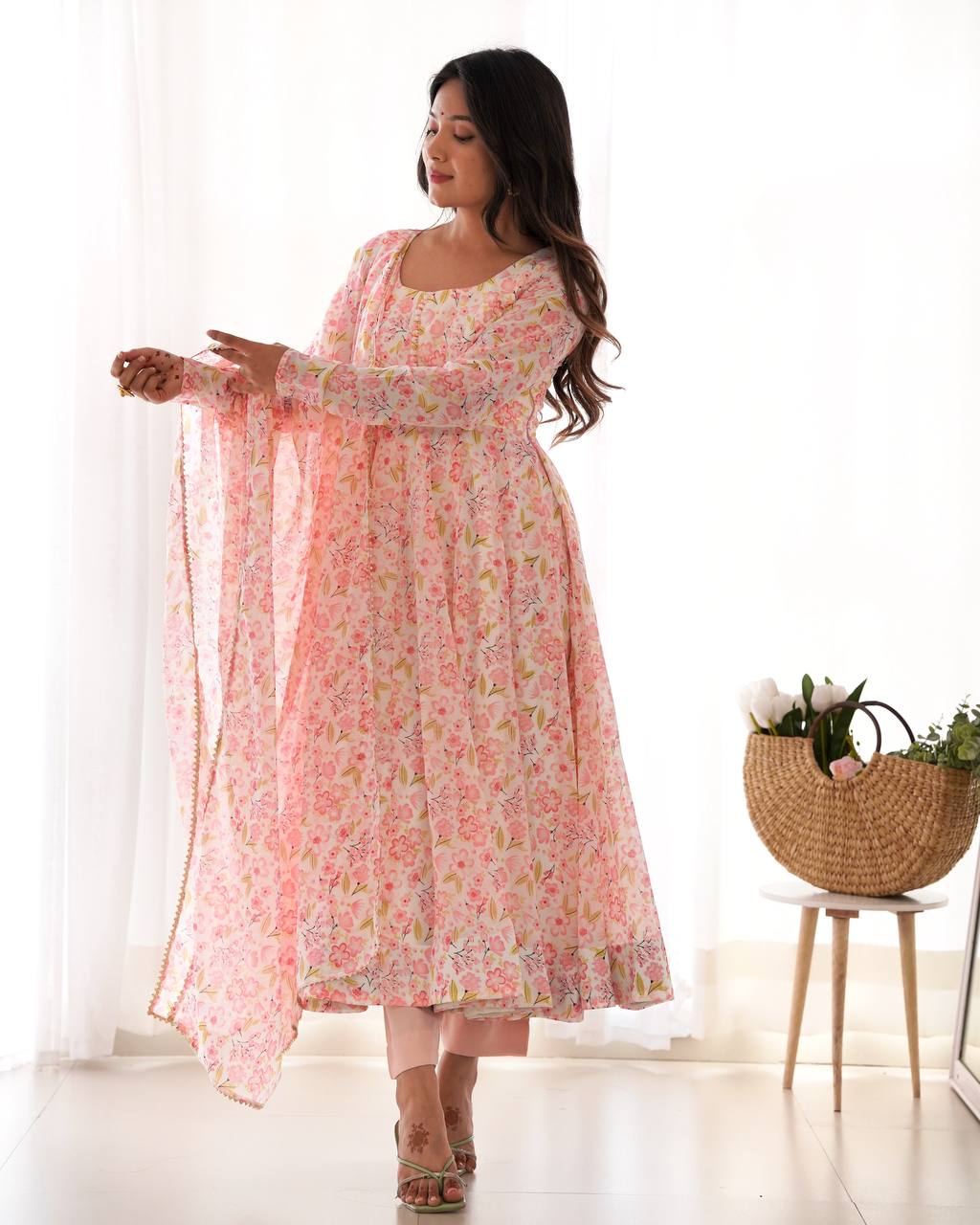 Designer Peach Color Floral Printed Arti Chauhan Anarkali Suit