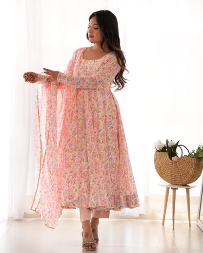 Designer Peach Color Floral Printed Arti Chauhan Anarkali Suit